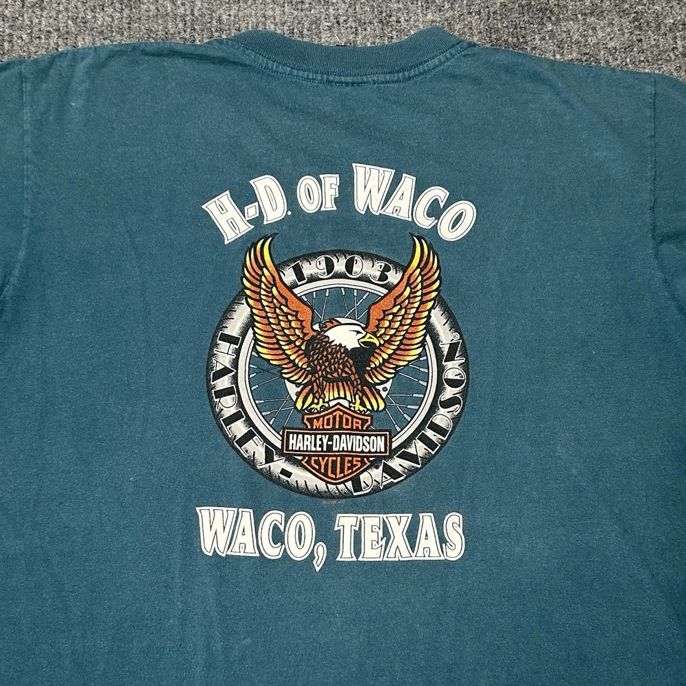 Vtg 1995 Harley Davidson Waco,Tx Blue green T-Shirt Single Stitch Biker Eagle‎
